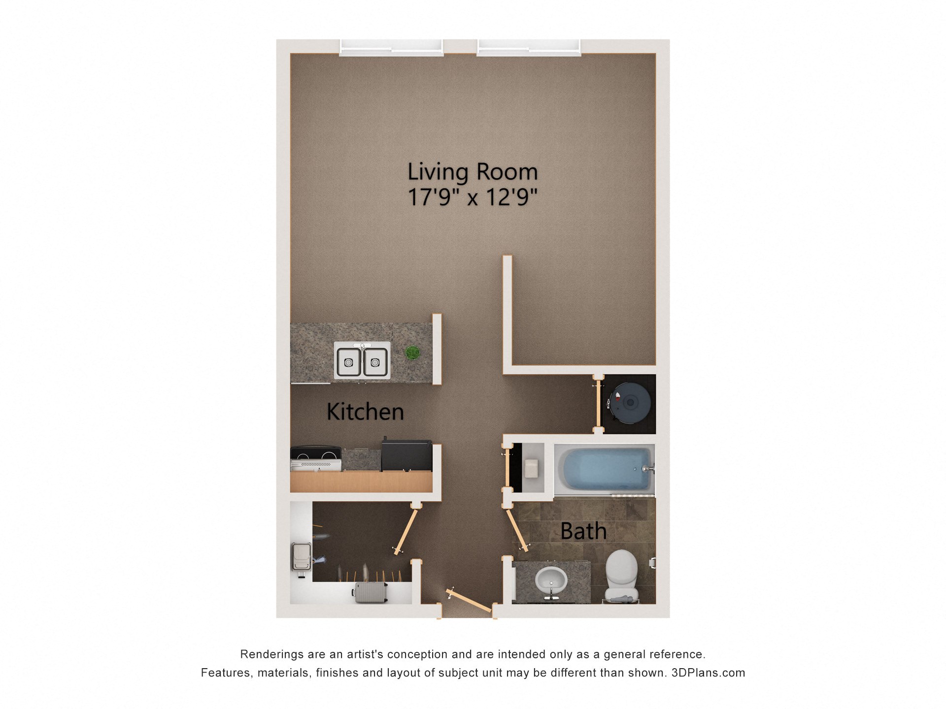 Floor plan for studio, 1 bath, 536 sqft